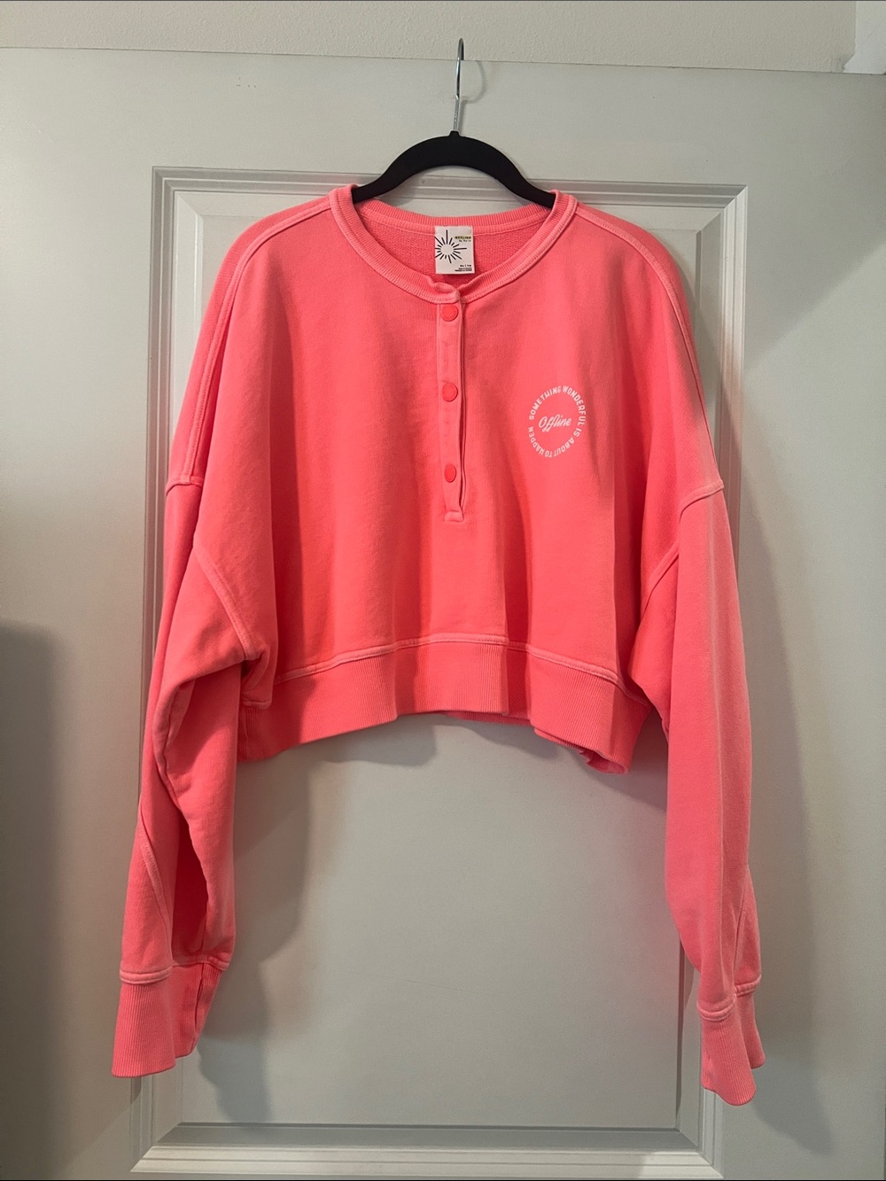 aerie Coral Pink Cropped Henley Sweatshirt